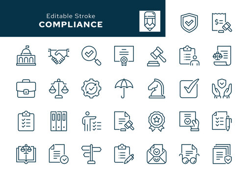 Compliance outline icons set. Regulation, governance, policy, management, control, transparency, ethic, requirement, permission and more. Line icon in linear style. Vector collection
