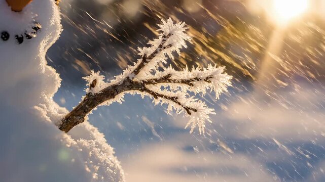 Delicate frost crystals on tree branch with golden sunlight. Perfect for winter, holiday, Christmas and nature concepts