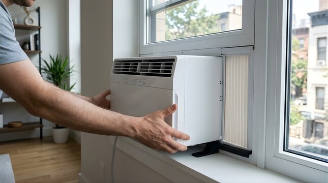 Man installing a portable air conditioner in a window at home