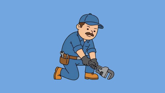 A 2D animated plumber character kneeling down and tightening a pipe with a heavy-duty wrench, set against a smooth blue studio backdrop. Great for home improvement videos, plumbing service advertiseme