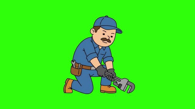 A 2D cartoon male plumber with a mustache wearing a blue cap, work uniform, and tool belt, kneeling while fixing a pipe with an adjustable wrench, isolated on a green screen background. Designed for p