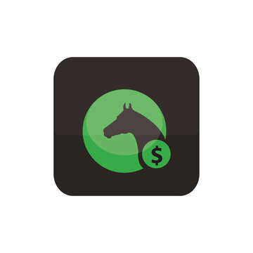 Horse head silhouette inside a green circle with dollar currency sign app icon
