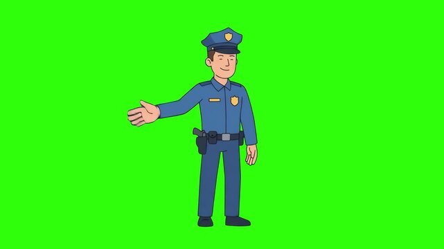 A cartoon police officer in uniform pointing to the side isolated on a solid green chroma key background. Ideal for public safety videos, law enforcement campaigns, security software ads, and keyable 