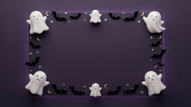 Halloween frame made of small white ghosts and black bats on a dark purple background surface
