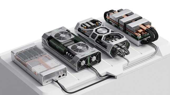 High-performance GPU hardware collection, futuristic graphics cards for gaming and AI, professional computer components on white background