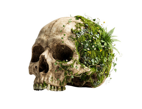 Ancient skull half covered by green moss, fern and white flowers. Nature reclaiming bone, life from death, skull with foliage, overgrown bone