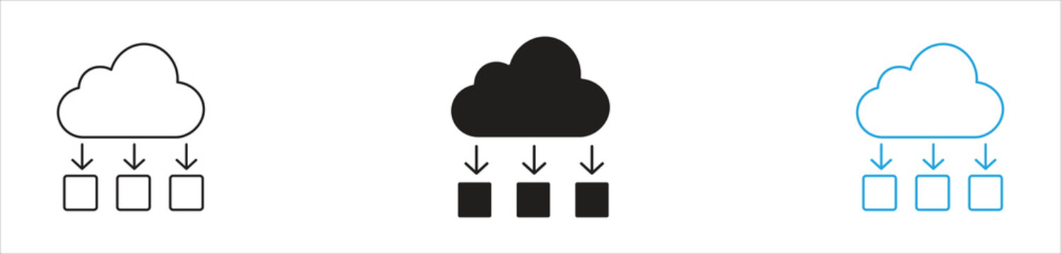Cloud Load Balancing Icon Set, Representing Cloud Computing, Load Balancing, Server Management, Network Traffic, Data Distribution, Scalability, Performance, and Technology, Vector Illustration