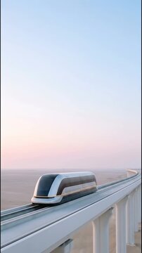 Autonomous electric transport pod traveling on elevated guideway, representing smart mobility infrastructure, urban transit innovation, automation, and future business technology Vertical video
