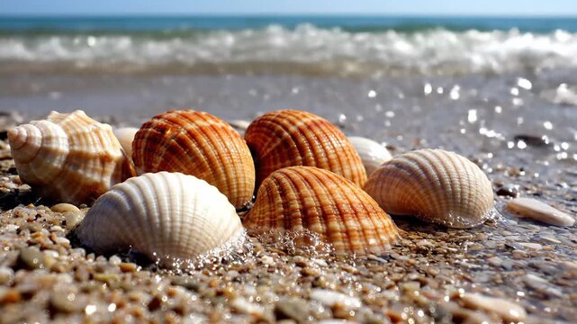 Collection of seashells on sandy beach with gentle wave background