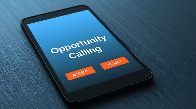 A smartphone screen displaying an incoming call notification labeled Opportunity Calling with accept and reject buttons. Represents career advancement and new business.