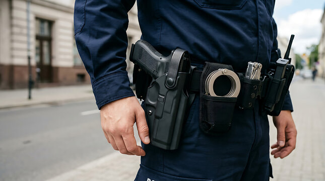 Police officer with duty belt and equipment on city street.