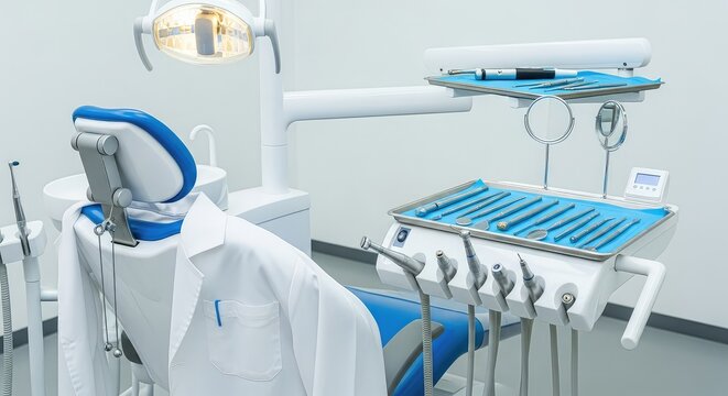Studio odontoiatrico moderno con attrezzatura professionale, camice bianco su seduta ergonomica, strumenti tecnici e illuminazione clinica, clinica, attrezzatura, interni