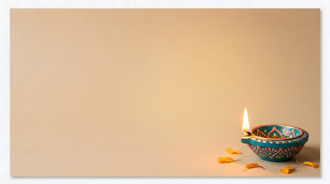 A single glowing clay diya lamp placed on a soft background for the traditional indian festival of diwali celebration