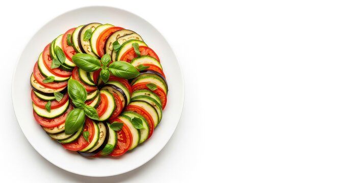Vibrant ratatouille arranged in a beautiful spiral with layers of zucchini, eggplant, and tomatoes garnished with fresh green basil leaves, seasoning, meal, dish