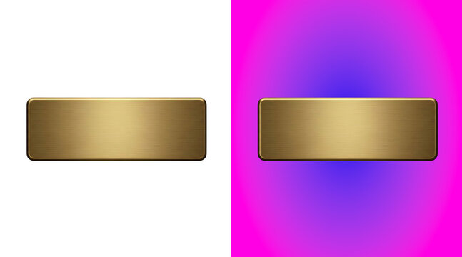 Rectangular metallic gold plaque with a brushed texture and rounded corners, isolated on white background, for signage or, label application