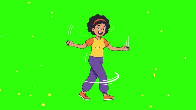 A 2D animated woman spinning a hula hoop around her waist in a cheerful dancing motion, isolated against a bright chroma key green screen background. Perfect for fitness app promos, workout overlays, 