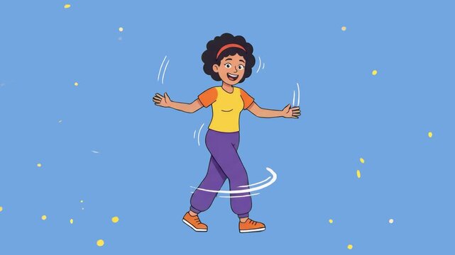 A cheerful 2D cartoon woman with curly hair wearing a yellow t-shirt and purple pants, spinning a hula hoop around her waist while dancing, set against a smooth blue studio background. Ideal for fitne