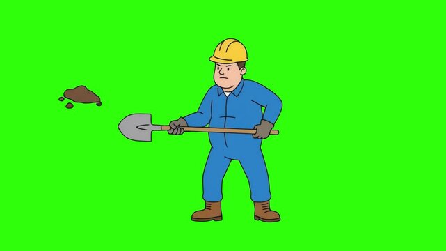 A cartoon construction worker wearing a yellow hard hat and blue jumpsuit digging with a shovel isolated on a solid green chroma key background. Great for building promos, labor safety animations, ren