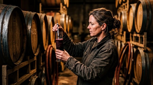 winemaking process, a focused winemaker in a dim cellar checks fermentation with a hydrometer