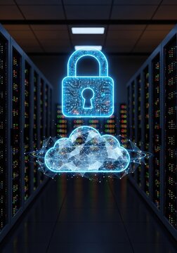 A glowing blue padlock icon floats above a stylized digital cloud interface amidst server racks in a high tech dark data center room, coding, binary, futuristic