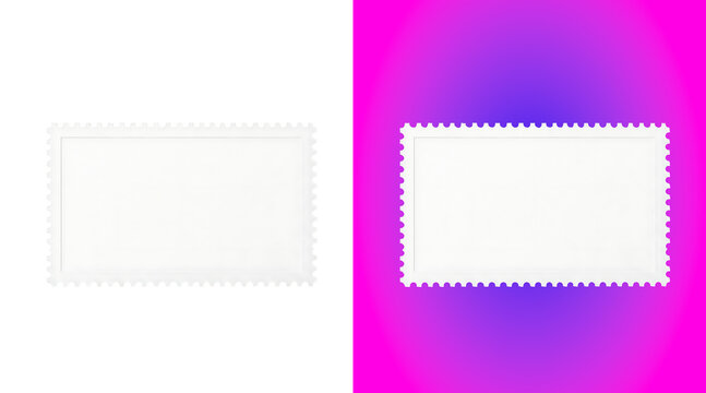 Two rectangular postage stamp frames with perforated edges, one on a black background, and one on, a vibrant pink, and purple gradient