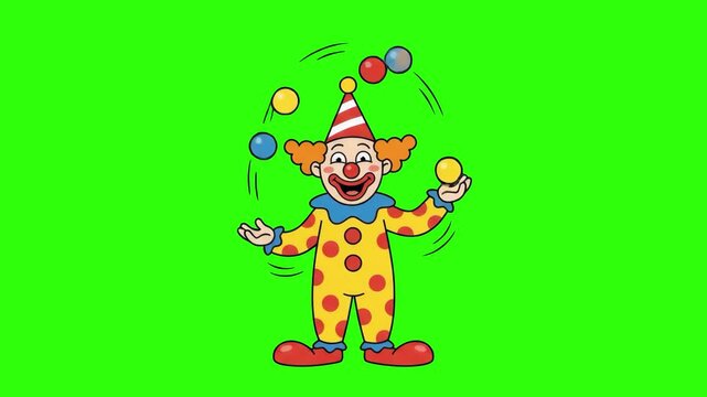 A happy cartoon circus clown character wearing a polka dot suit juggling colorful balls isolated on a solid green chroma key background. Ideal for circus-themed promos, kids entertainment, birthday pa