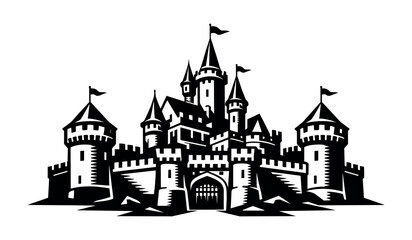 Fototapeta premium Stylized black and white illustration of a grand medieval castle with flags