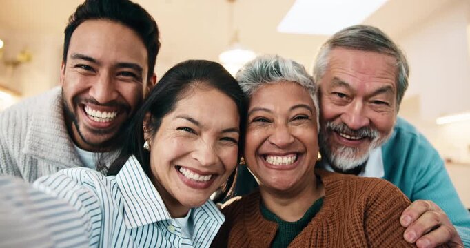 Face, selfie and family in home for photography, weekend picture or bonding together on sofa. Portrait, people and seniors with adult son or daughter for capture moment, visit or memory in house
