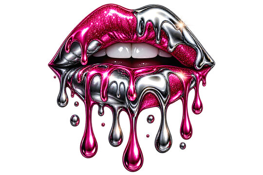 Pink and silver lips with dripping metallic liquid and glitter