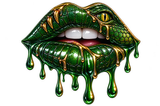 Green reptile scaly lips with gold liquid drips and sharp teeth