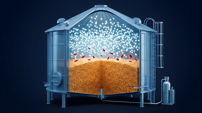 3D Conceptual Illustration of Grain Silo Fumigation Process with Pest Insects Infesting Stored Agricultural Wheat Crops Inside Industrial Metal Storage Tank for Quality Control and Food Safety Concept