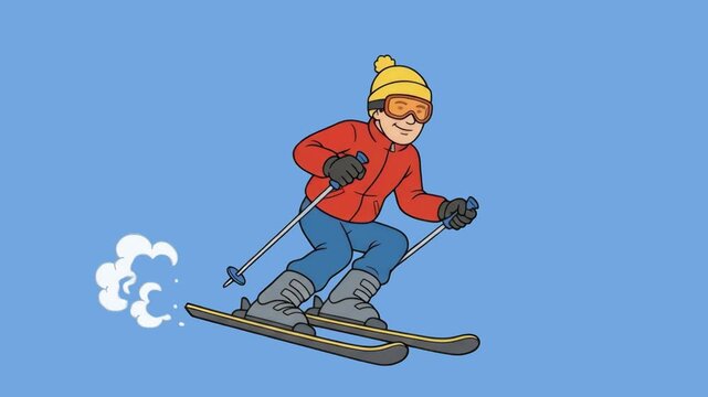 A cartoon man character wearing a winter jacket, hat, goggles, and skis sliding downhill isolated on a light blue background. Great for winter sports promos, ski resort advertising, extreme sports ani