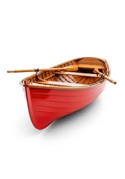 A vibrant red wooden rowboat floating in isolation on a clean white background, showing its polished hull and sturdy oars in detail, deck, white, boat