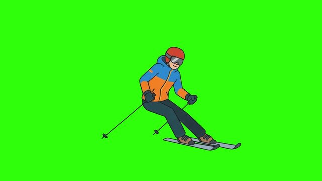A 2D animated skier in full ski equipment crouching while skiing downhill, isolated against a chroma key green screen background. Designed for easy keying, winter sports commercials, resort promos, an