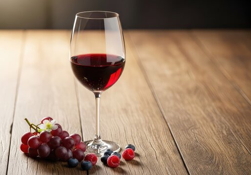 An elegant glass filled with ruby red wine sits on a rustic wooden table alongside fresh purple grapes and berries under warm natural light, natural, still life, wood