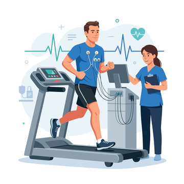 Man undergoes stress test on treadmill while nurse monitors vital signs and heart rate on EKG machine