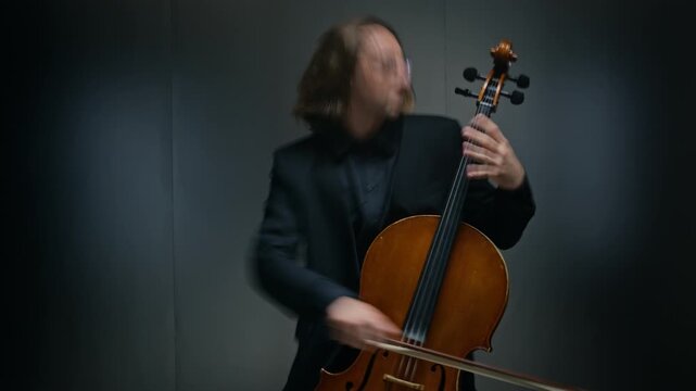 Young adult Caucasian male musician playing cello with intense passion in studio. Clip is suitable for classical music concert advertisements, theatrical trailers, and cultural documentaries