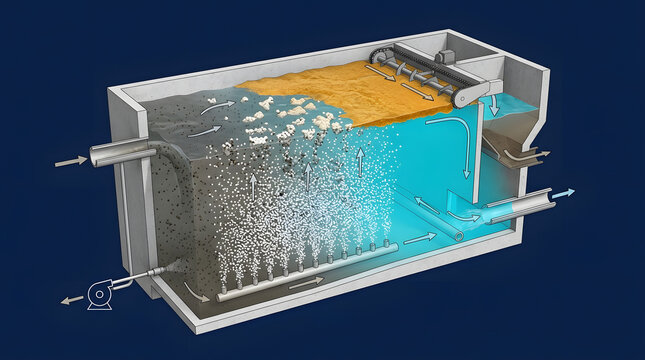 Technical diagram showing the wastewater treatment process in an industrial aeration tank with bubble diffusers, floating scum removal, and clarification system for environmental engineering 