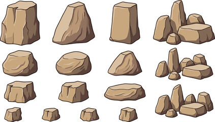 Desert rock and stone vector icon set featuring realistic boulder formations cliffs crags and mountain landscape elements collection © tuzam