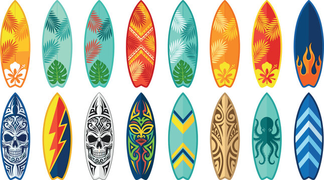 Colorful surfboard vector icon set featuring hawaiian hibiscus palm leaves tiki masks skull flame and tribal graphics collection