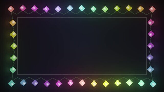 Multicolored diamond string lights forming a rectangular frame on dark background