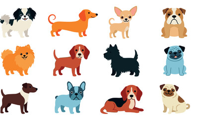 Fototapeta premium Cute small dog breeds vector icon set featuring cartoon dachshund pug chihuahua pomeranian bulldog beagle and frenchie characters