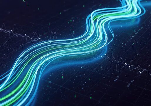 Vibrant neon blue and green light trails flow through a dark sci-fi digital environment with abstract data particles and glowing wave forms, digital, cyberspace, green