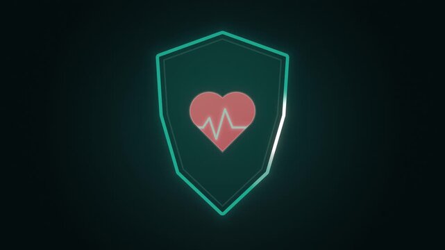 Glowing neon green shield with pink heart and heartbeat line