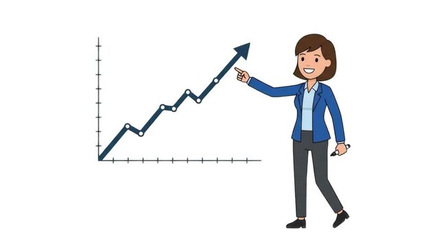 A 2D cartoon businesswoman pointing at an upward trending stock line graph during a corporate presentation, isolated on a plain white background. Great for business strategy explainer videos, financia