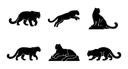 Fototapeta premium Black Panther Vector Icons Set, Wild Cat Silhouettes, Feline Poses, Elegant Big Cat Graphics, Animal Collection