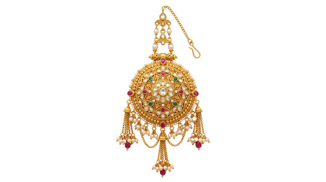Traditional gold maang tikka with kundan stones, ornate Indian bridal forehead jewelry, ethnic wedding accessory with pearls and rubies isolated PNG with Transparent Background