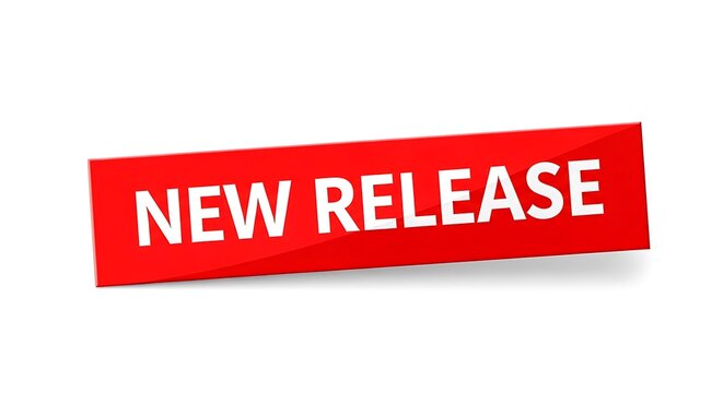 A vibrant red banner with bold white text announcing a new release isolated on white background