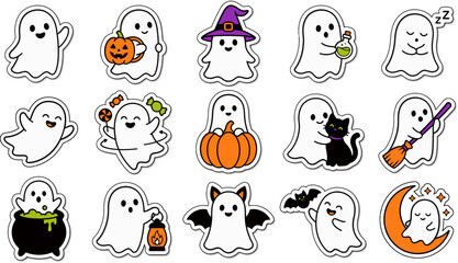 Fototapeta premium Set of cute hand drawn ghost characters for halloween celebration stickers and festive party decoration elements