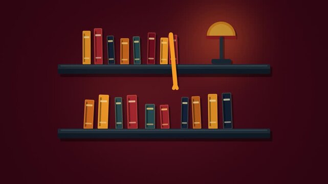 Animated bookshelf with a swinging bookmark under warm lamp light